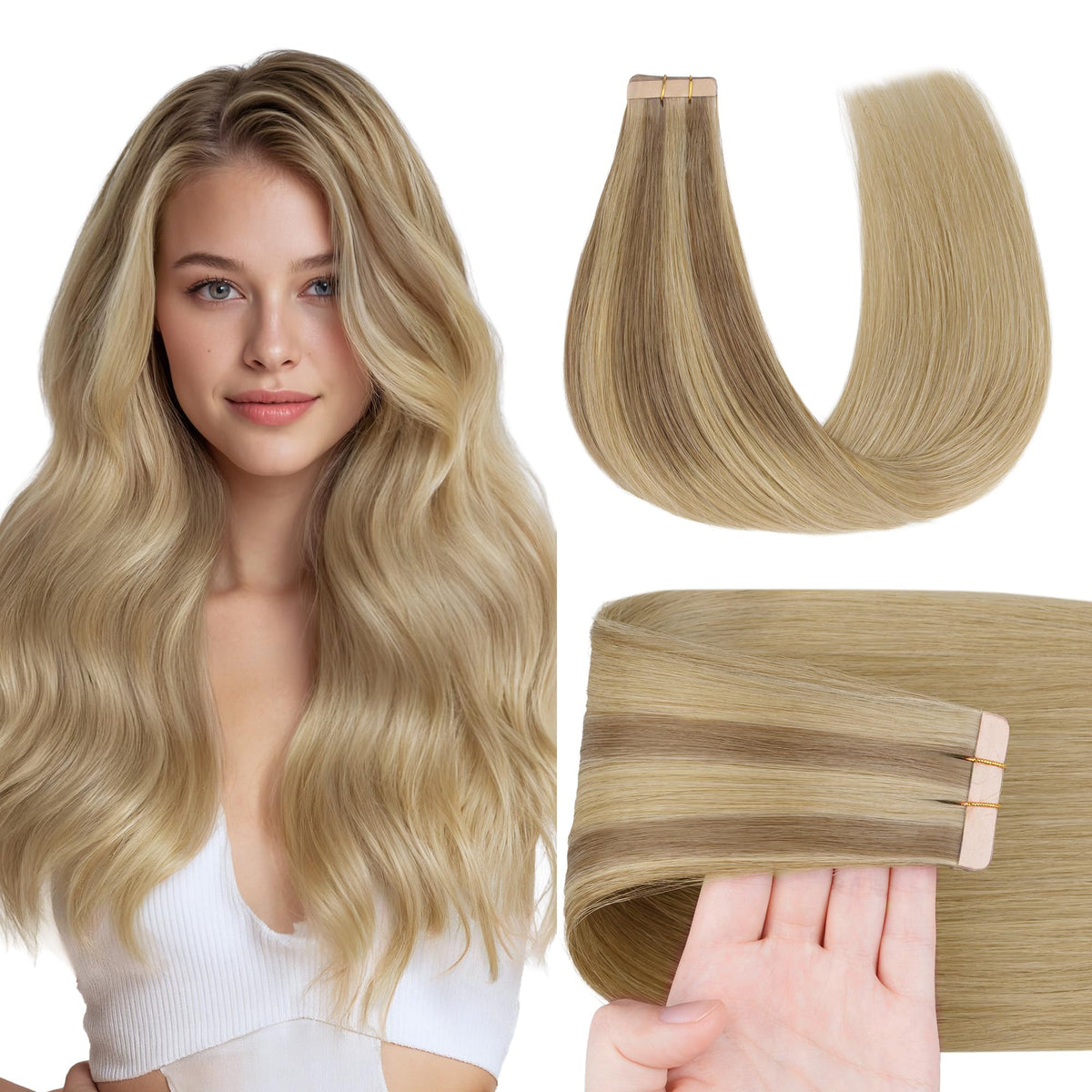 GOO GOO Tape in Hair Extensions Ash Beige Blonde Blend front view