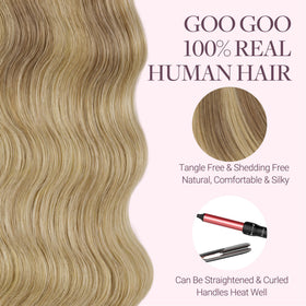 GOO GOO Tape in Hair Extensions Ash Beige Blonde Blend on model