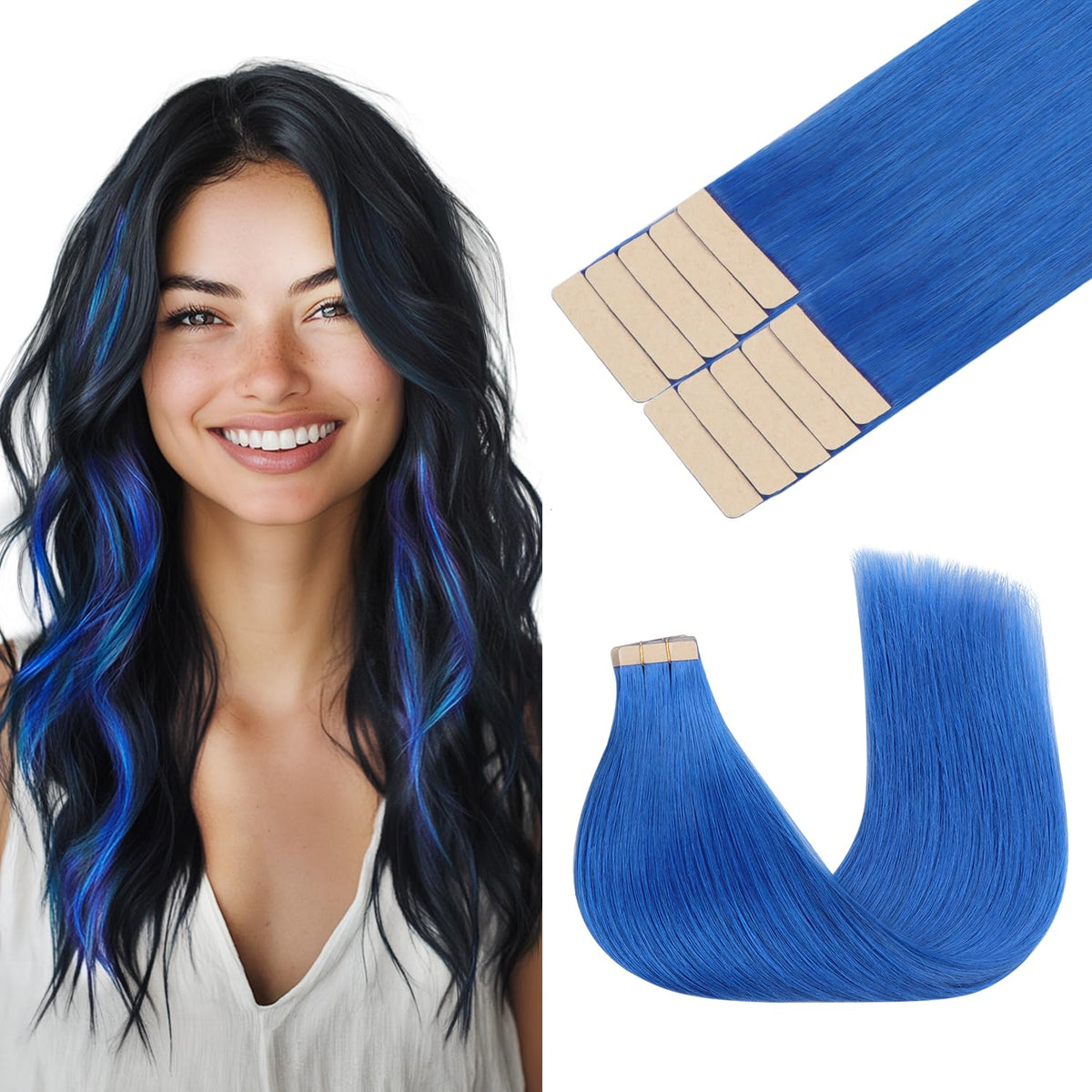 GOO GOO Tape in Hair Extensions Blue 14inch front view