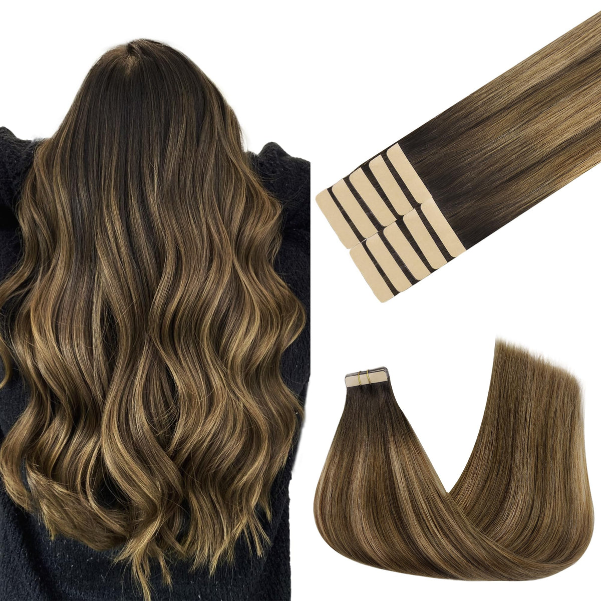 GOO GOO Tape in Hair Extensions Brunette Balayage 14 inch front view