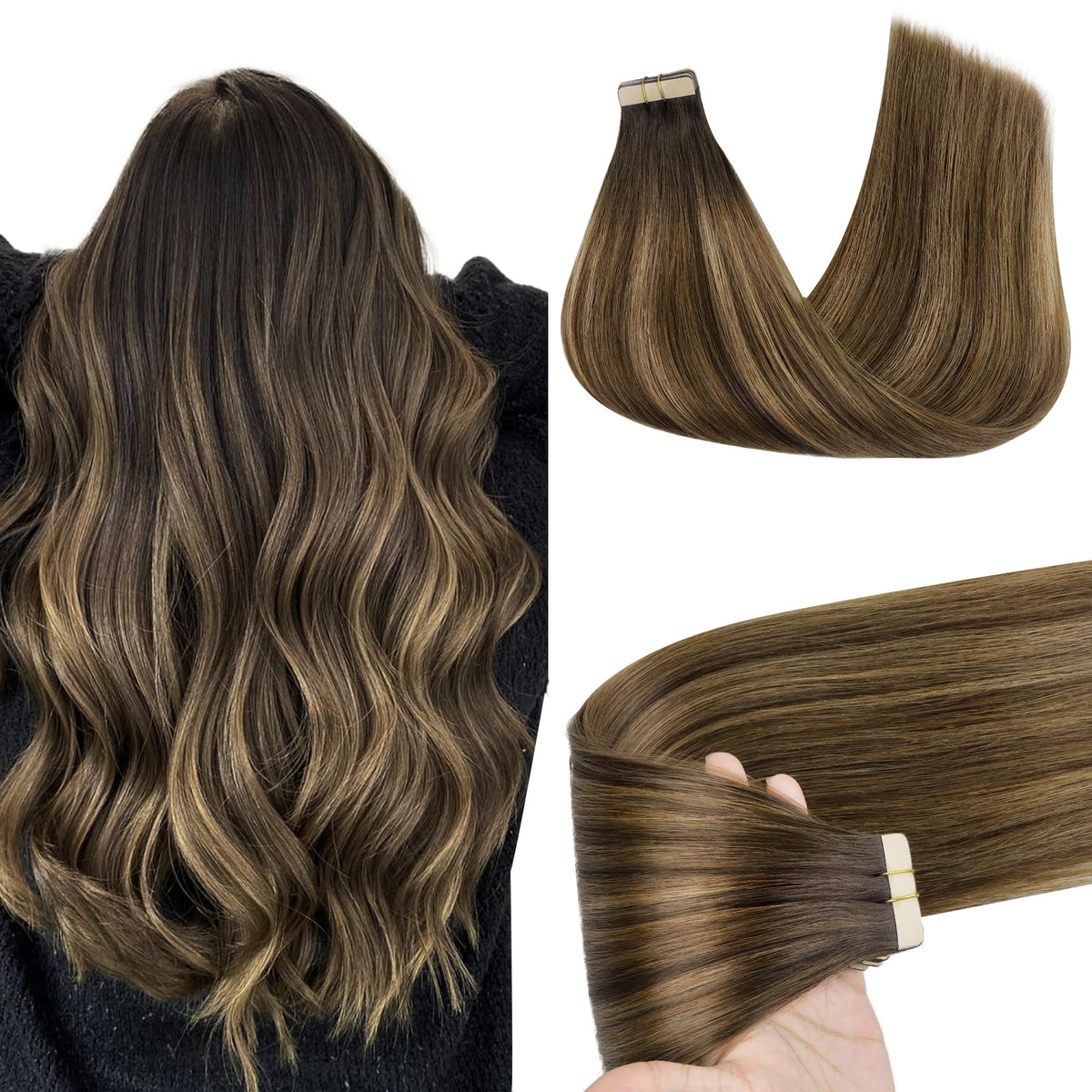GOO GOO Tape in Hair Extensions Brunette Balayage 16 inch front view