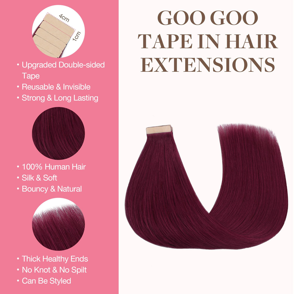 GOO GOO Tape in Hair Extensions Burgundy 10inch packaging