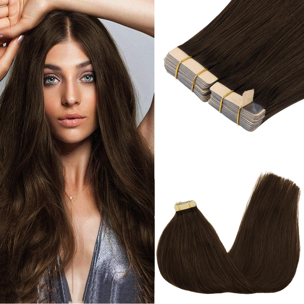 GOO GOO Tape in Hair Extensions Chocolate Brown 10inch front view