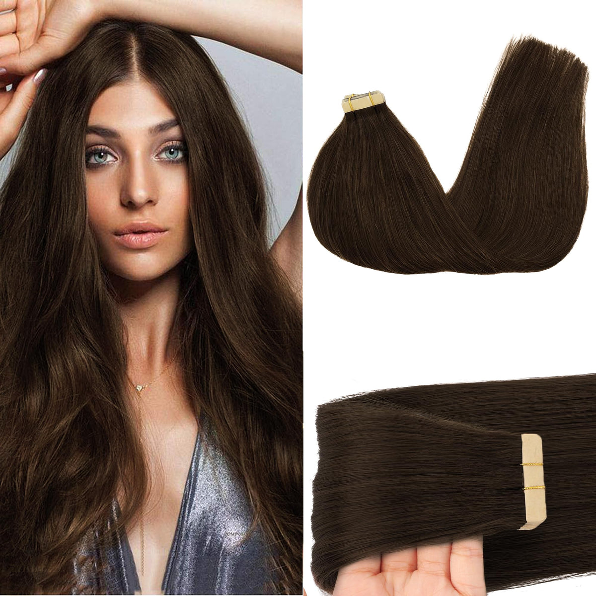 GOO GOO Tape in Hair Extensions Chocolate Brown front view
