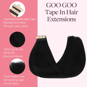 GOO GOO Tape in Hair Extensions displayed with styling tools