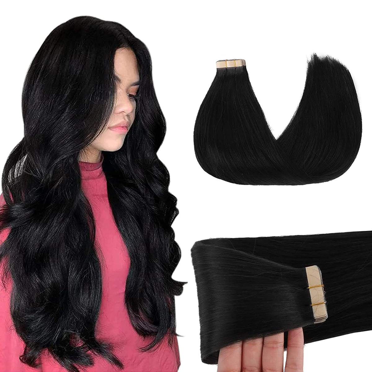 GOO GOO Tape in Hair Extensions Jet Black 10 inch front view