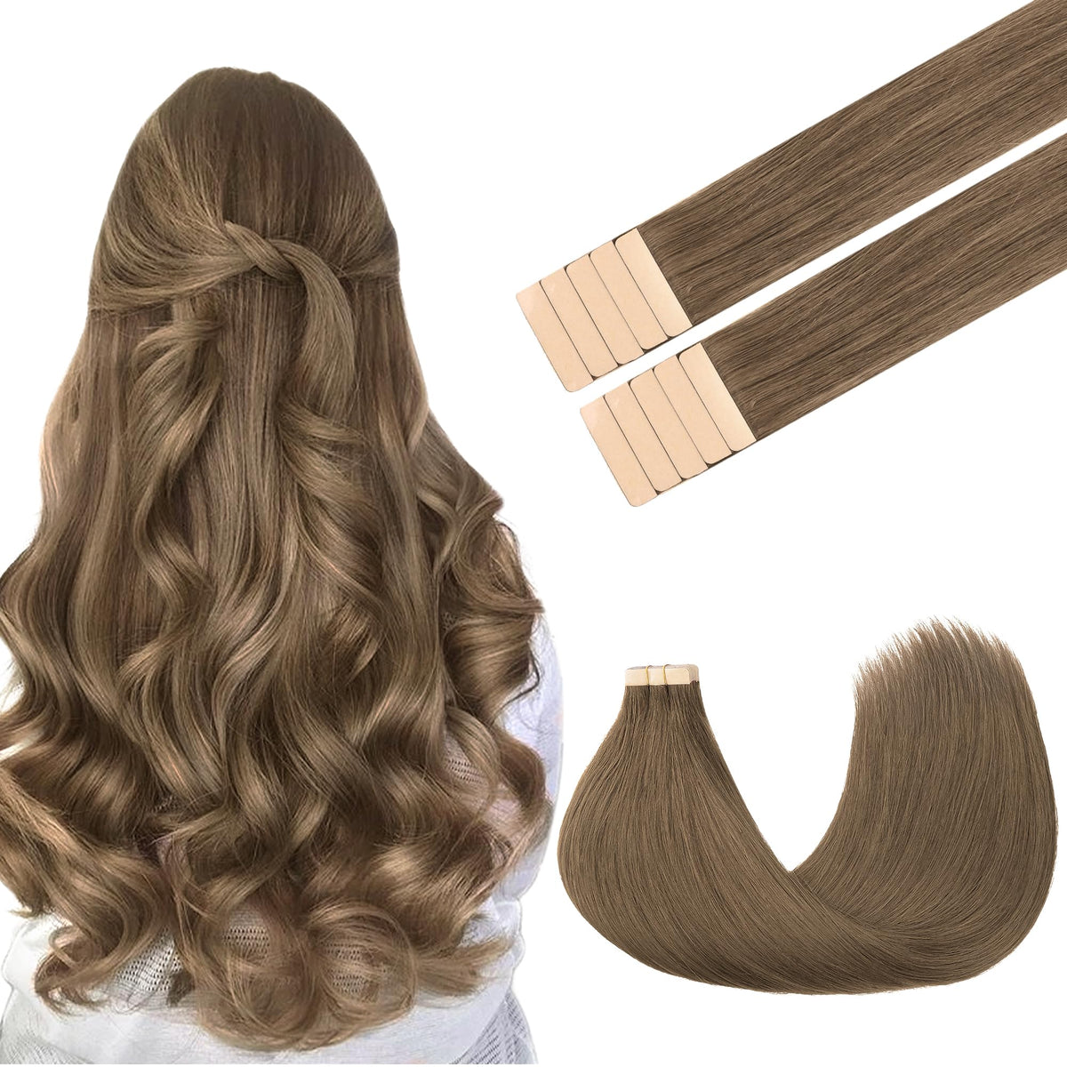 GOO GOO Tape in Hair Extensions Light Ash Brown 24 inch front view