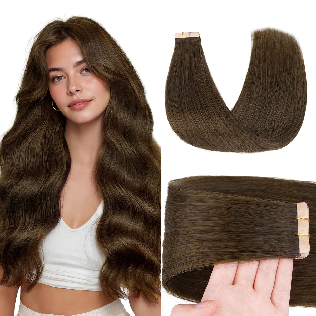 GOO GOO Tape in Hair Extensions Light Chocolate Brown front view