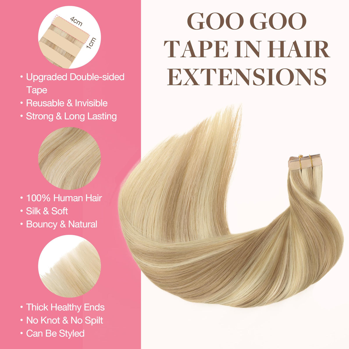 GOO GOO Tape in Hair Extensions packaging with hair samples