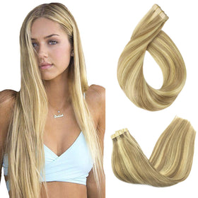 GOO GOO Tape in Human Hair Extensions front view, light blonde
