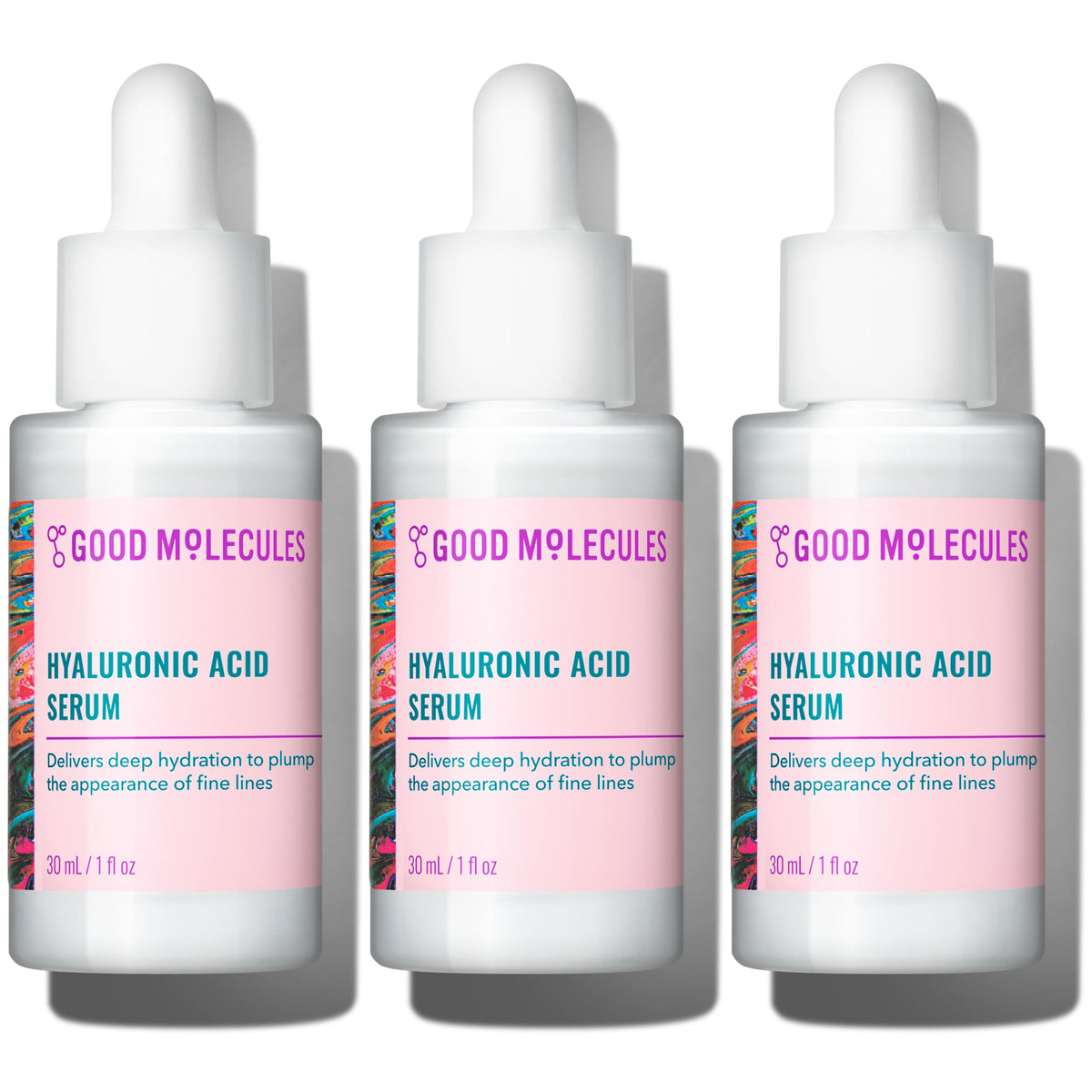 Good Molecules Hyaluronic Acid Serum 3-pack front view with 1 fl oz bottles