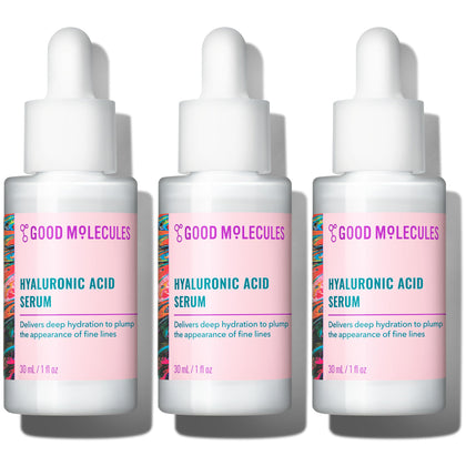 Good Molecules Hyaluronic Acid Serum 3-pack front view with 1 fl oz bottles