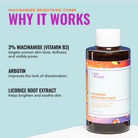 Good Molecules toner and serum on a bathroom counter