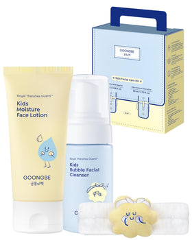 GOONGBE Kids Facial Care Kit front view with bubble cleanser and moisture lotion