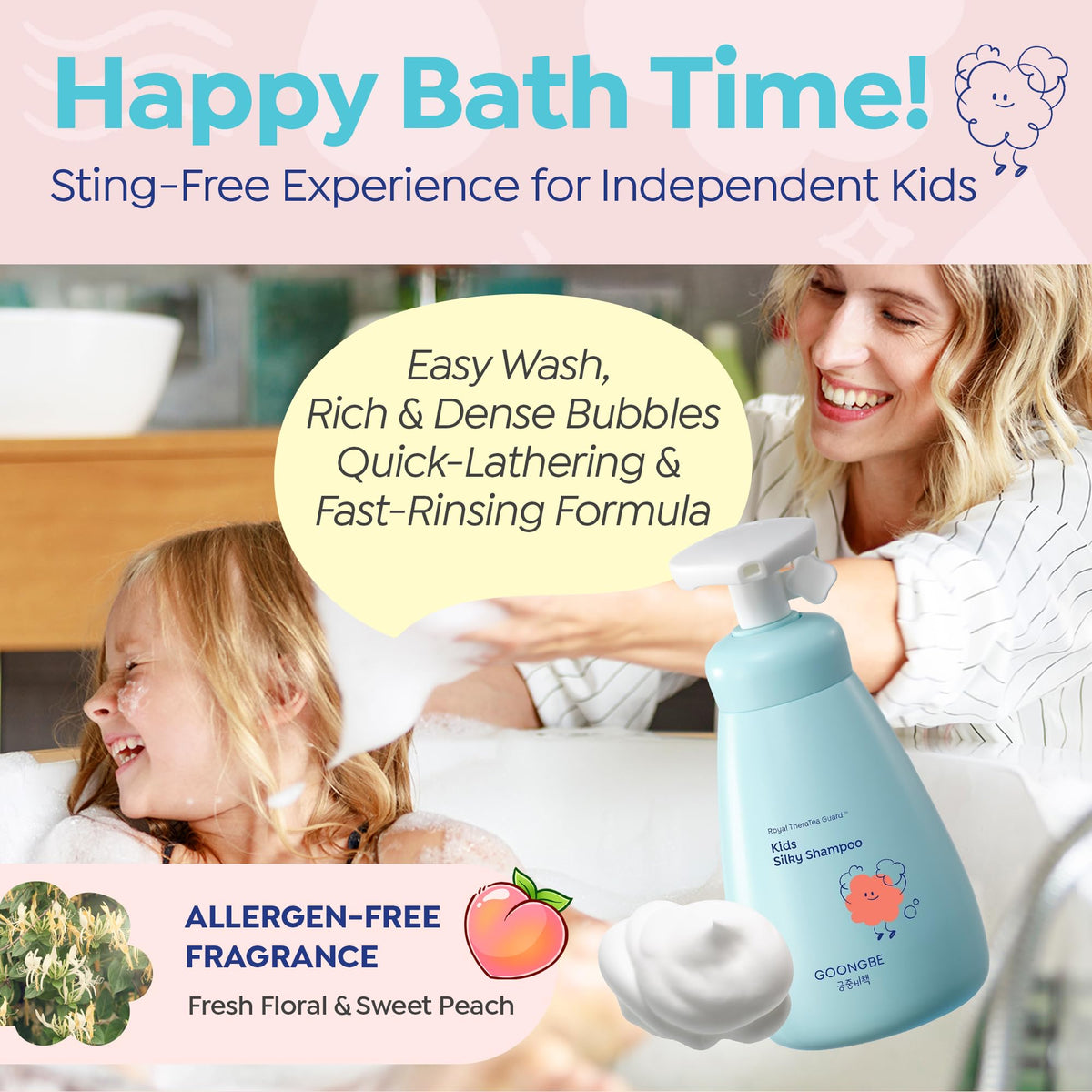 GOONGBE Kids' Silky Shampoo lathering on hair