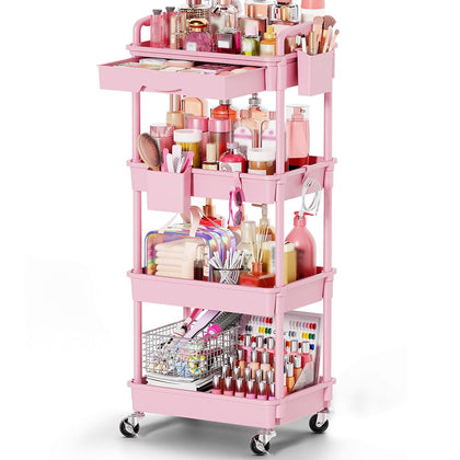 Goovilla Rolling Makeup Organizer Cart front view in pink