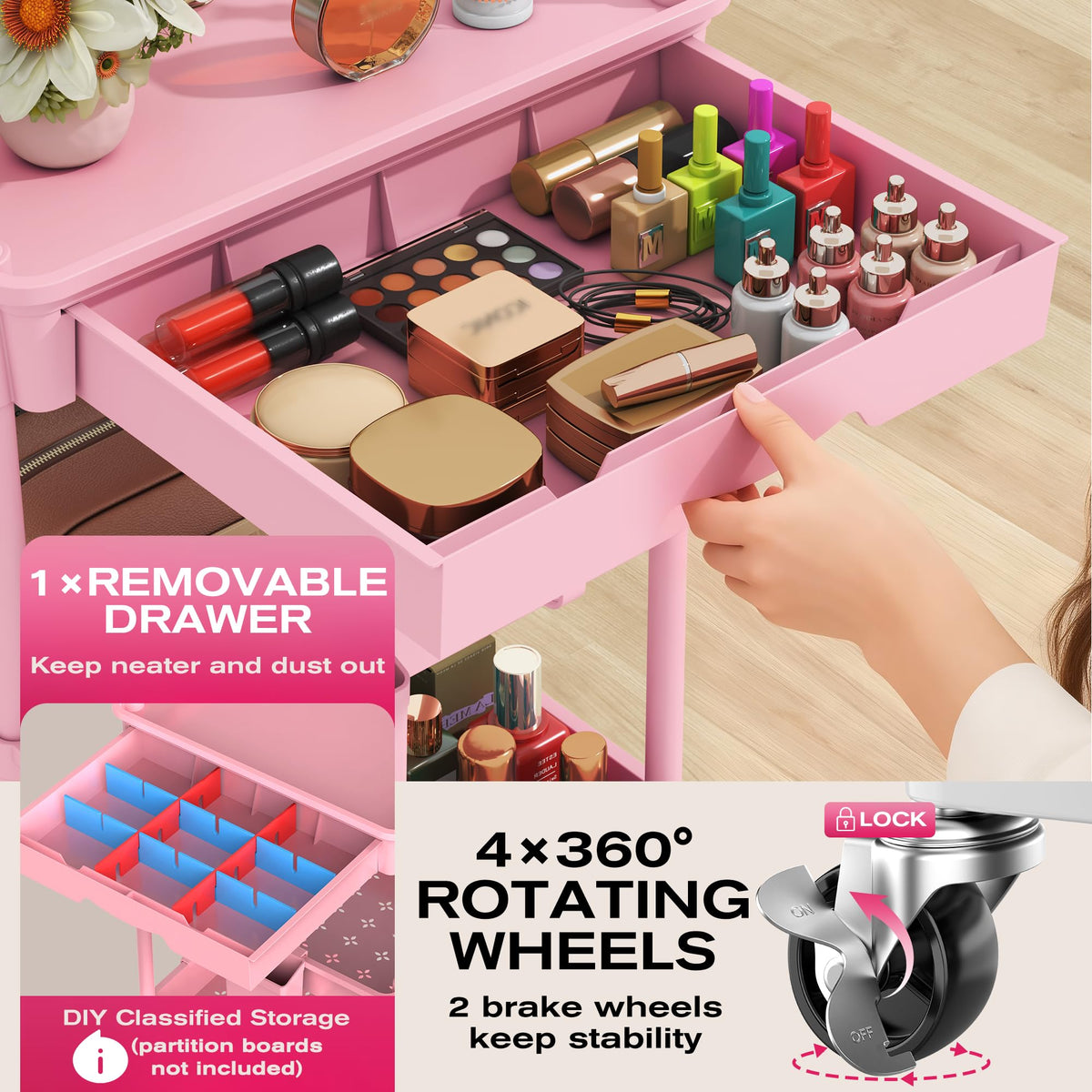 Goovilla Rolling Makeup Organizer Cart side view showing tiers