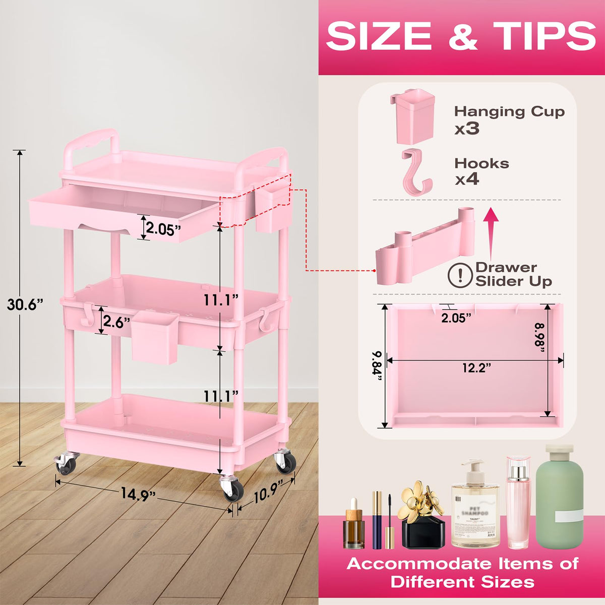 Goovilla Rolling Makeup Organizer Cart with removable drawer