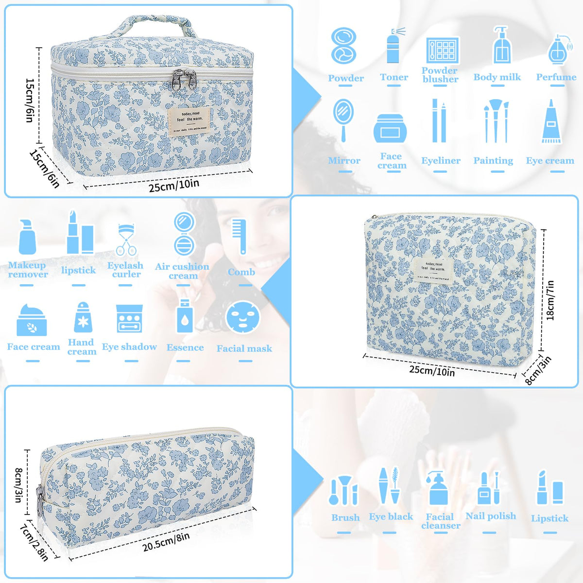 Gosect Floral Quilted Makeup Bag Set medium size side view