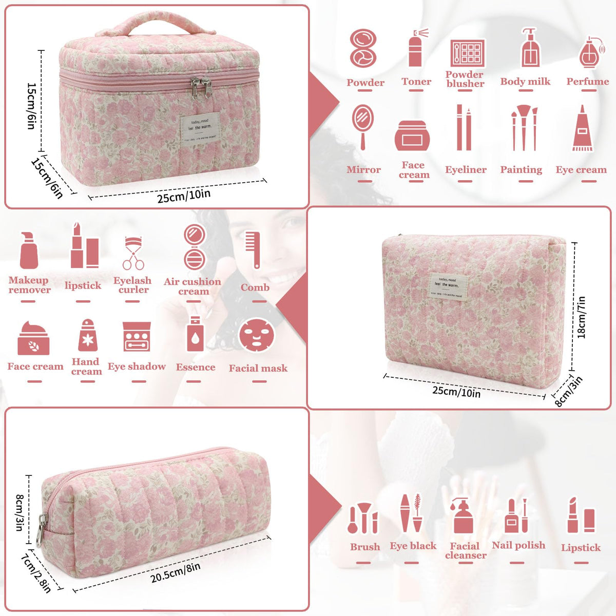 Gosect large floral makeup bag, side view