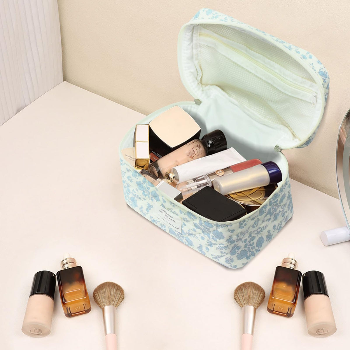 Gosect Large Makeup Bag in a travel setting