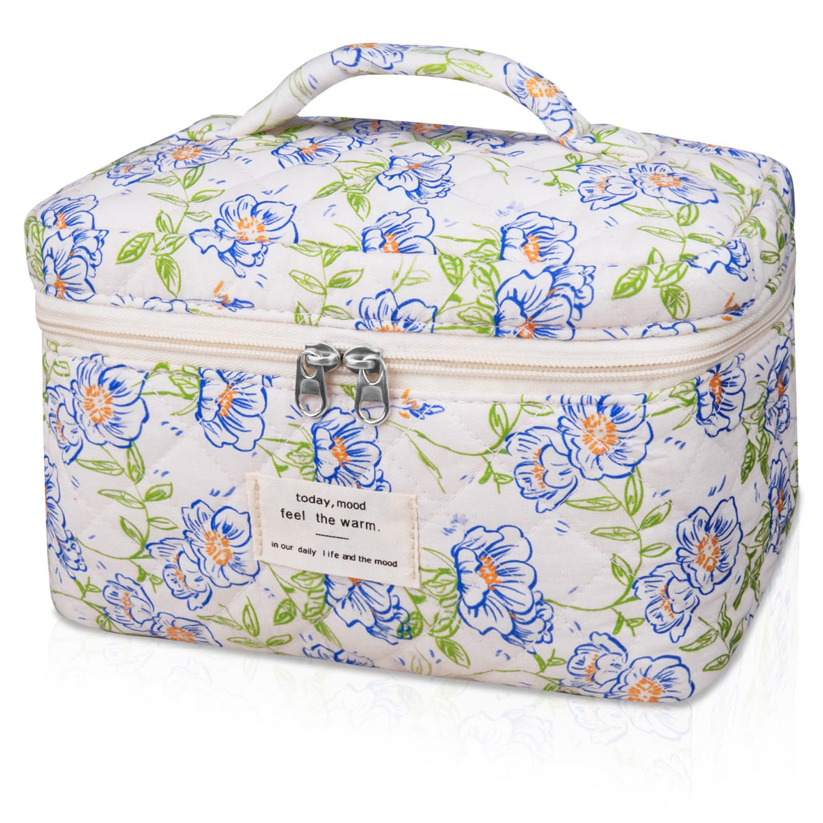 Gosect Large Makeup Bag light blue floral design front view