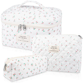 Gosect Large Makeup Bag Set in white with floral pattern front view