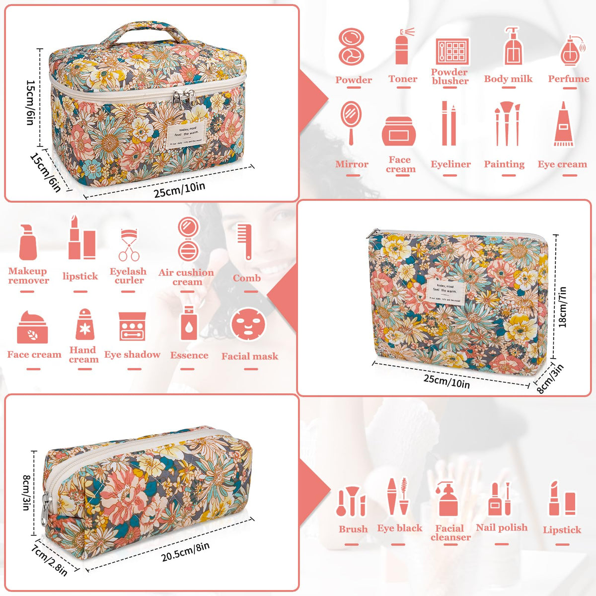 Gosect Makeup Bag Set medium floral cosmetic bag side view