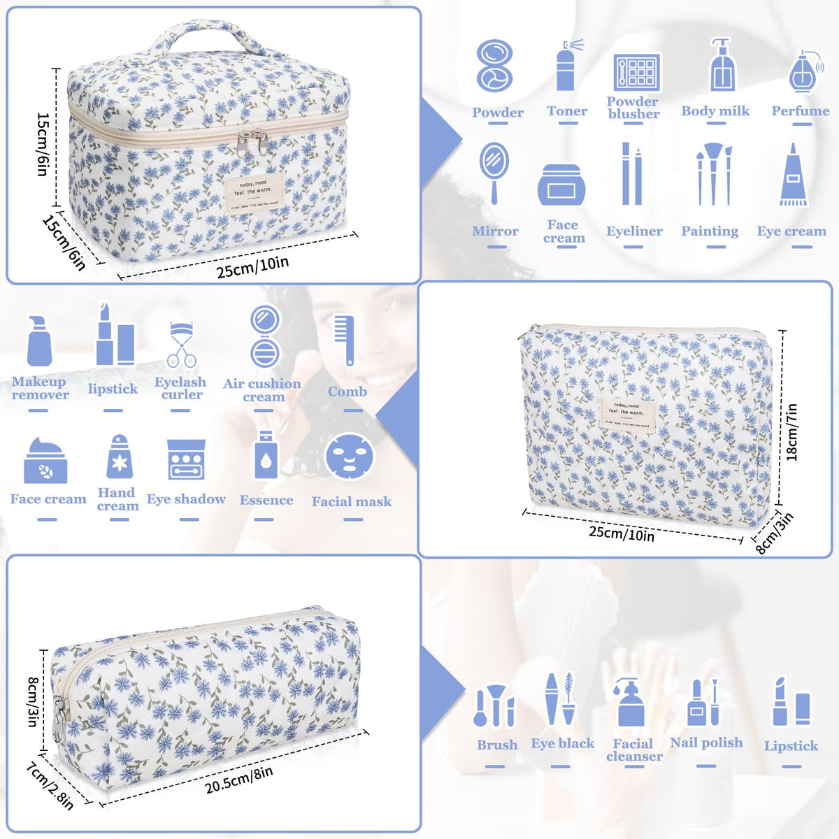 Gosect Makeup Bag Set medium floral cosmetic bag side view