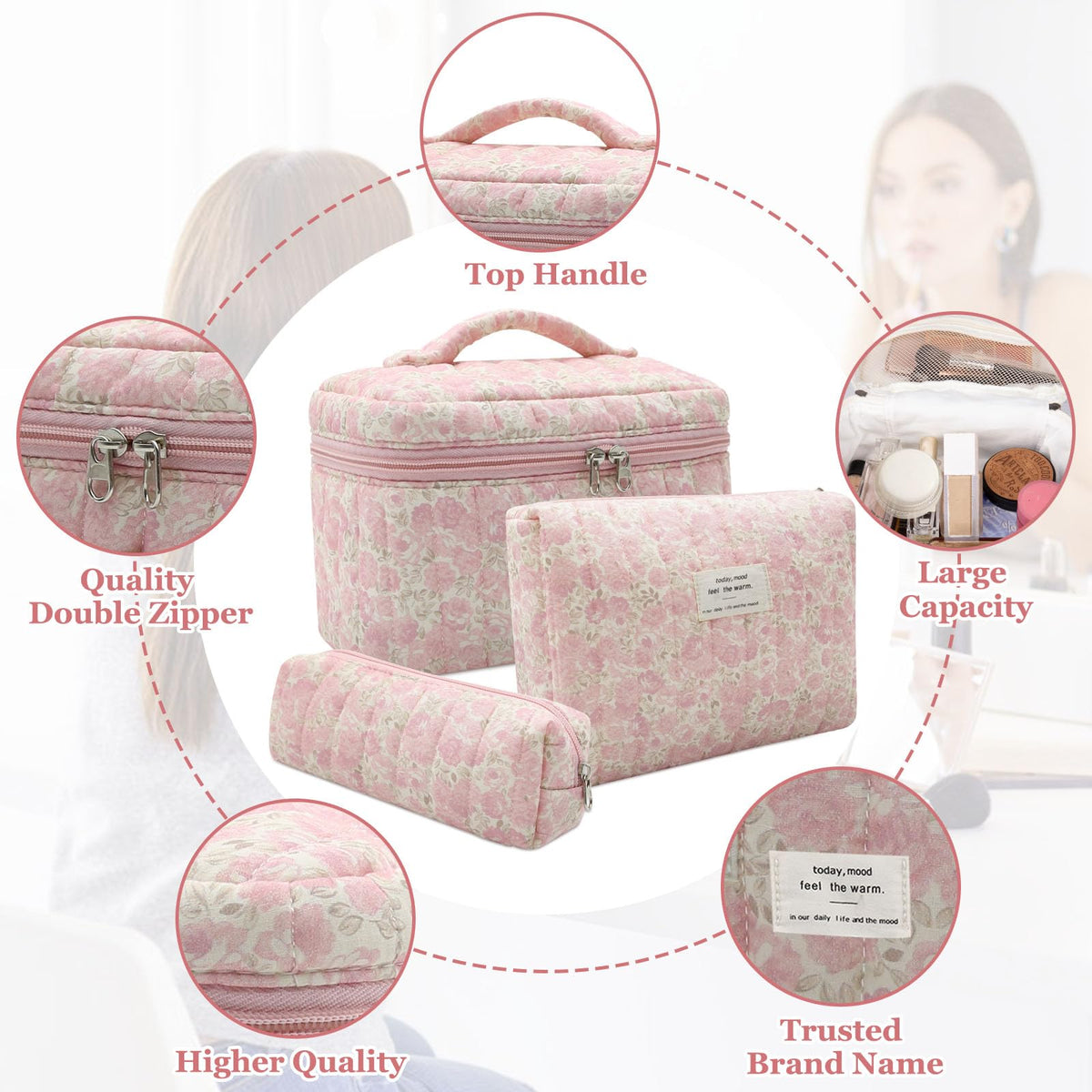 Gosect medium floral cosmetic bag, top view