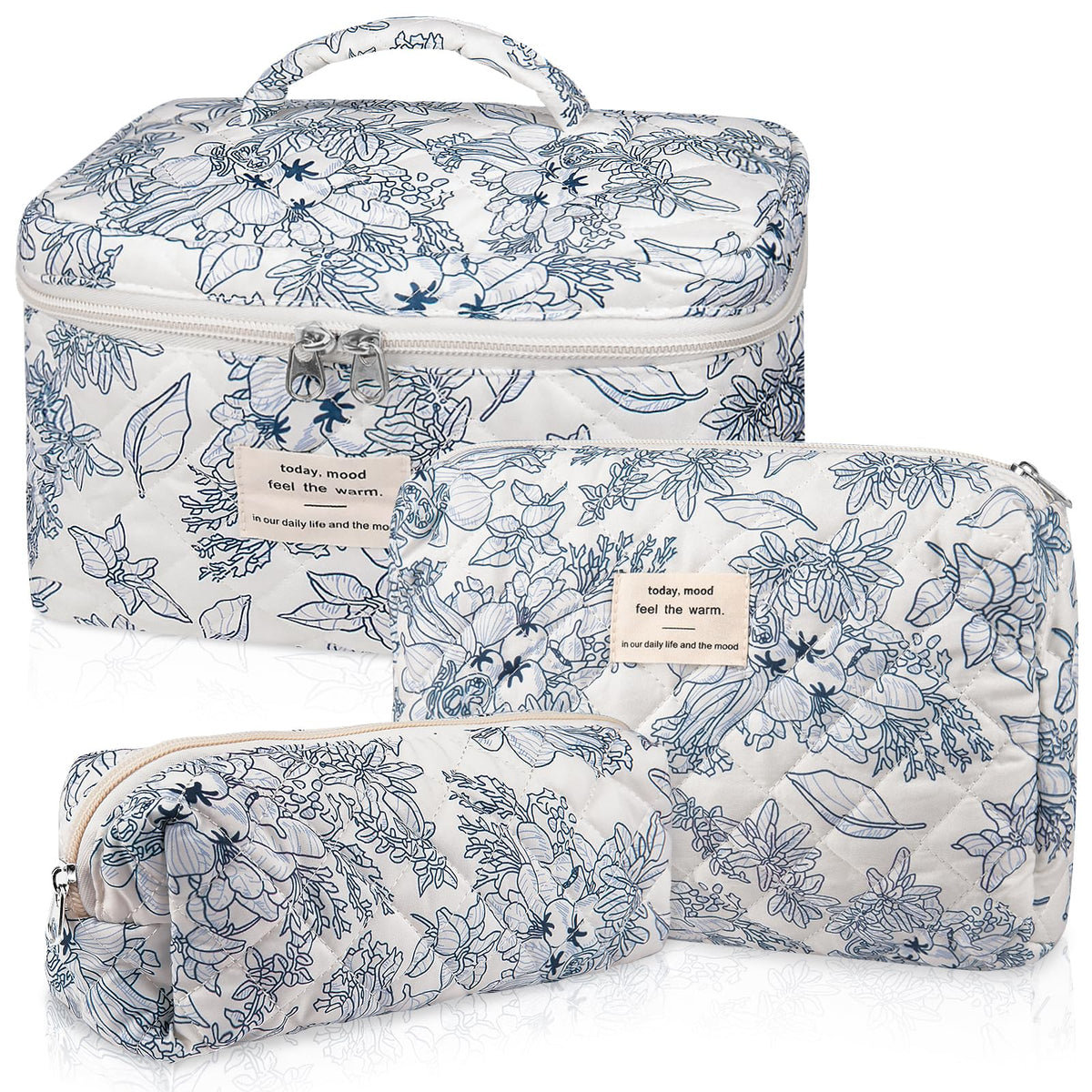 Gosect Quilted Makeup Bag Set in navy blue floral design front view