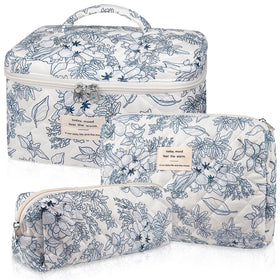 Gosect Quilted Makeup Bag Set in navy blue floral design front view