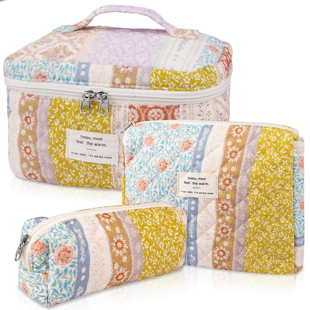 Gosect Quilted Makeup Bag Set large floral design front view