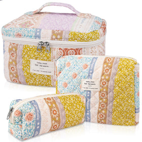 Gosect Quilted Makeup Bag Set large floral design front view