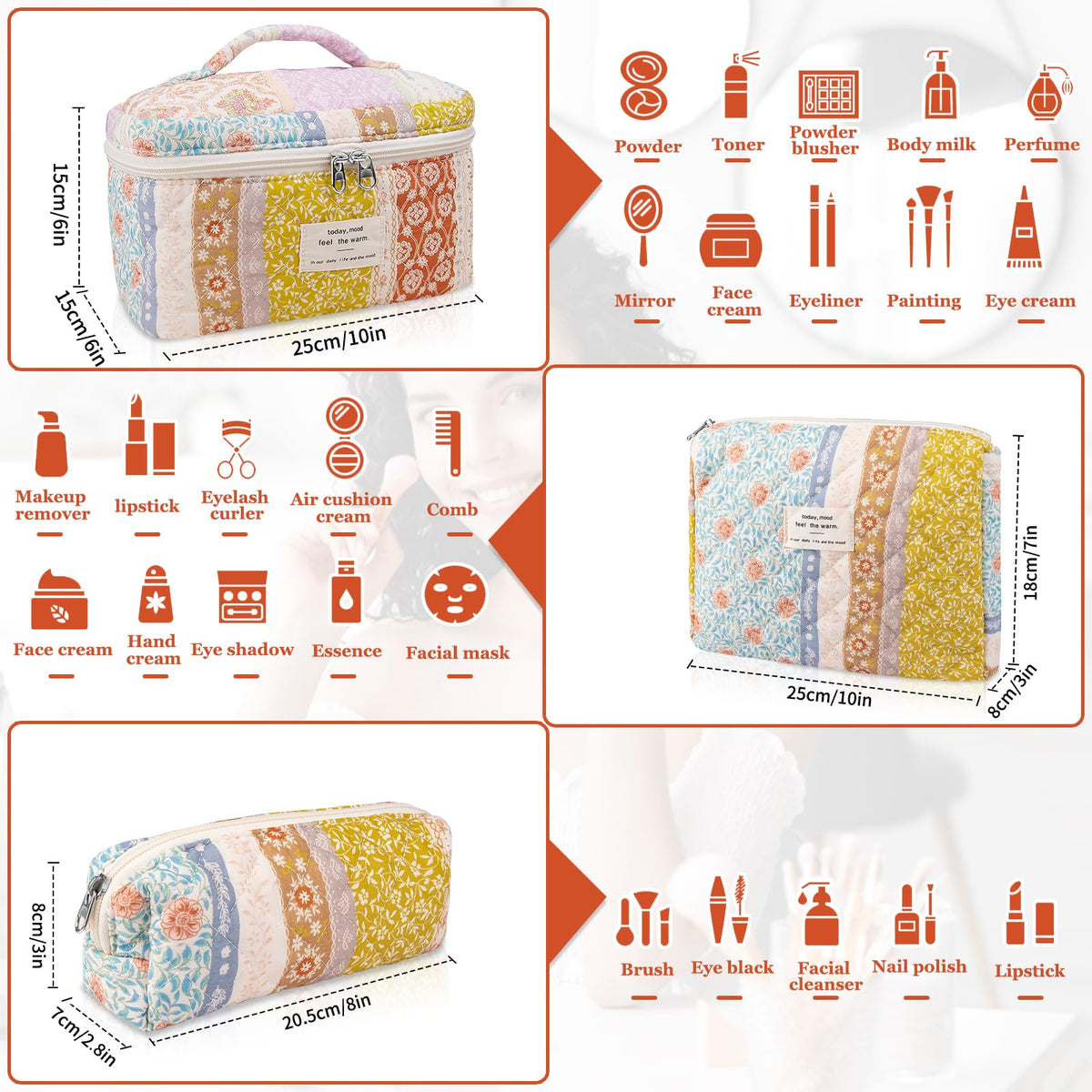 Gosect Quilted Makeup Bag Set medium size floral cosmetic bag