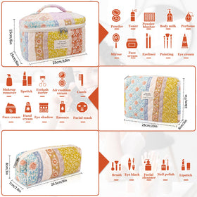 Gosect Quilted Makeup Bag Set medium size floral cosmetic bag