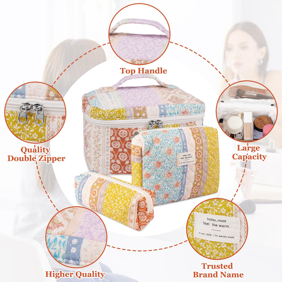 Gosect Quilted Makeup Bag Set small size floral bag