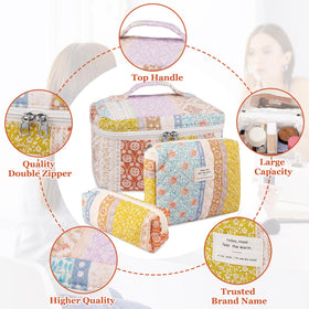 Gosect Quilted Makeup Bag Set small size floral bag
