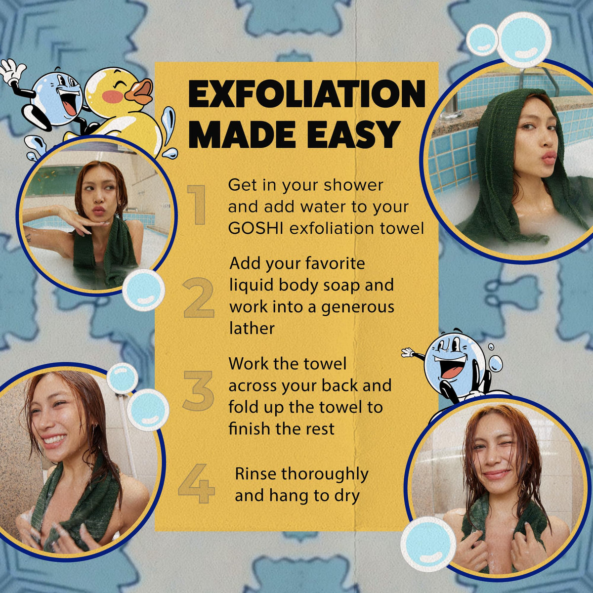 GOSHI Exfoliating Shower Towel displayed with bath accessories