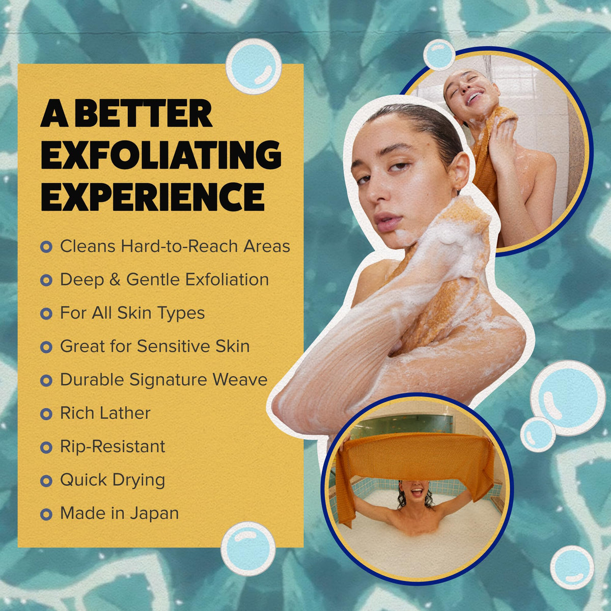 GOSHI Exfoliating Shower Towel hanging in a bathroom