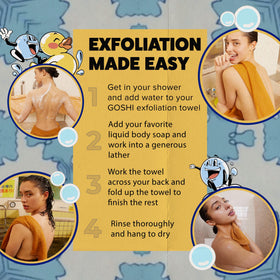 GOSHI Exfoliating Shower Towel laid flat on a towel rack