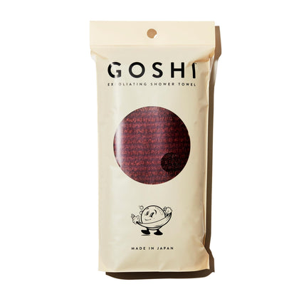 GOSHI Exfoliating Shower Towel long body scrubber red front view