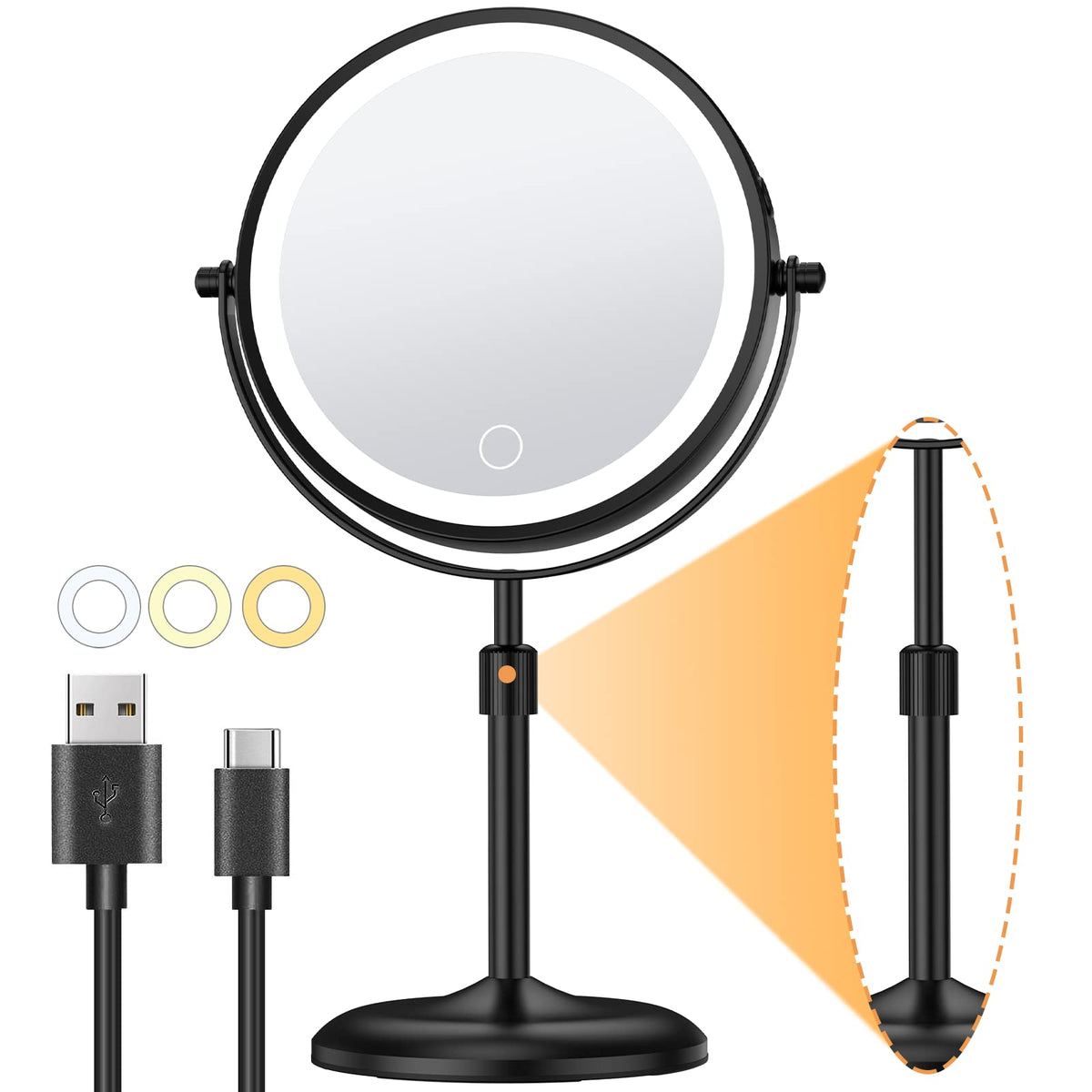 Gospire 7-inch lighted makeup mirror front view with adjustable height