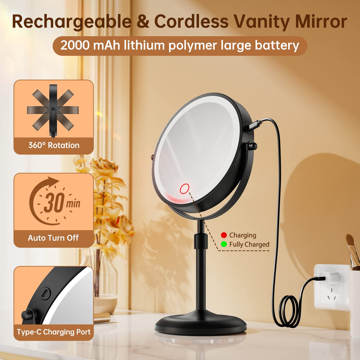 Gospire 7-inch lighted makeup mirror side view with USB charging port