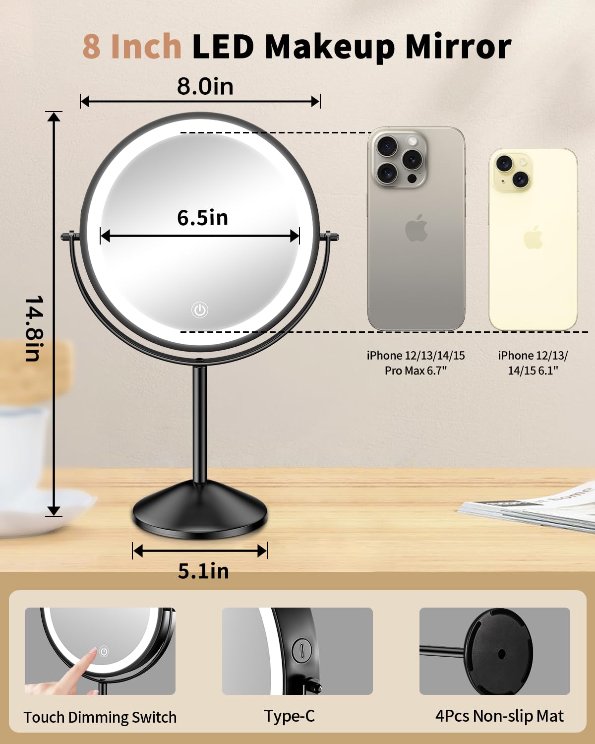 Gospire 8-inch lighted makeup mirror showing 10X magnification side