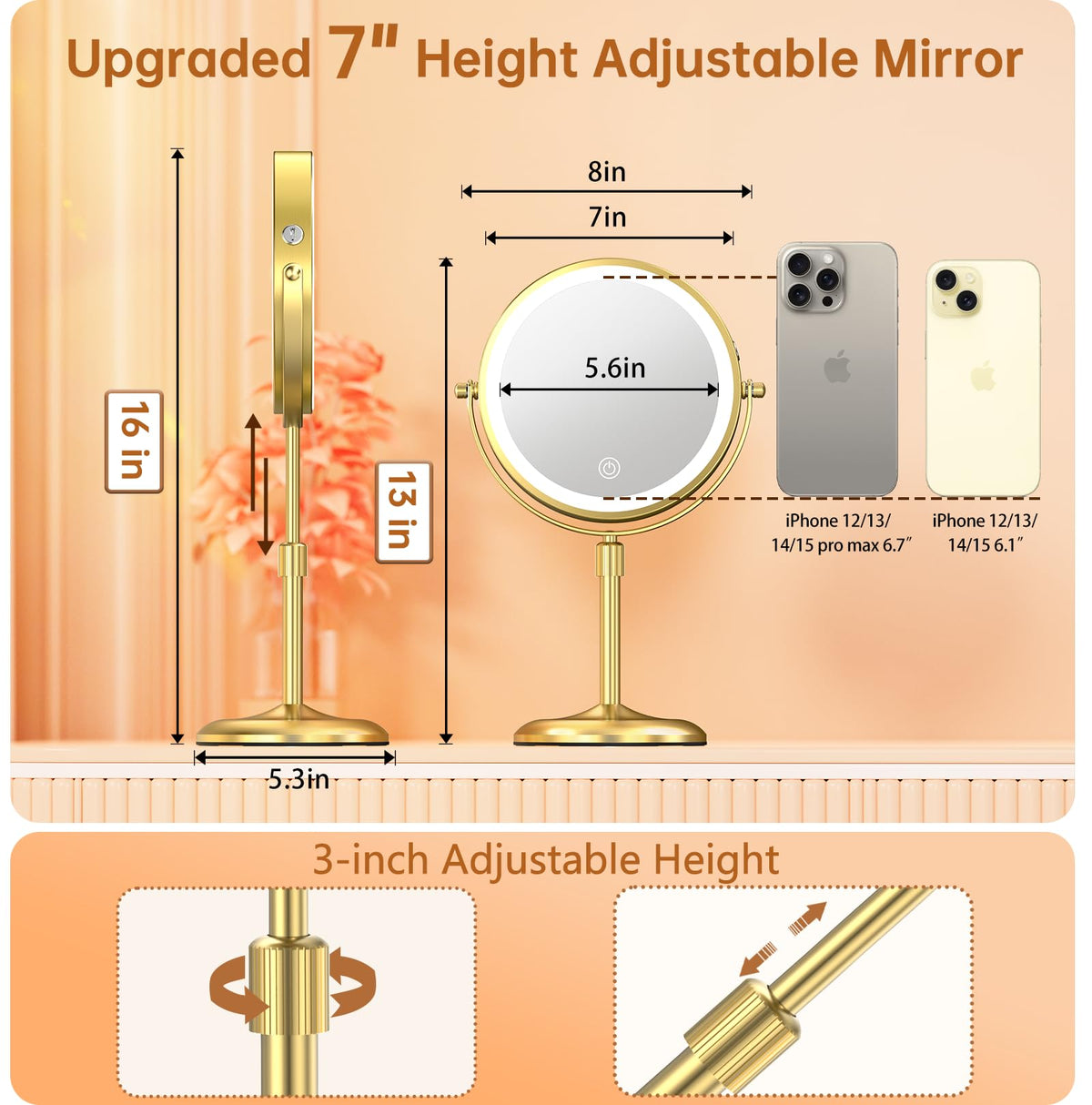 Gospire lighted makeup mirror showing 1X and 10X magnification