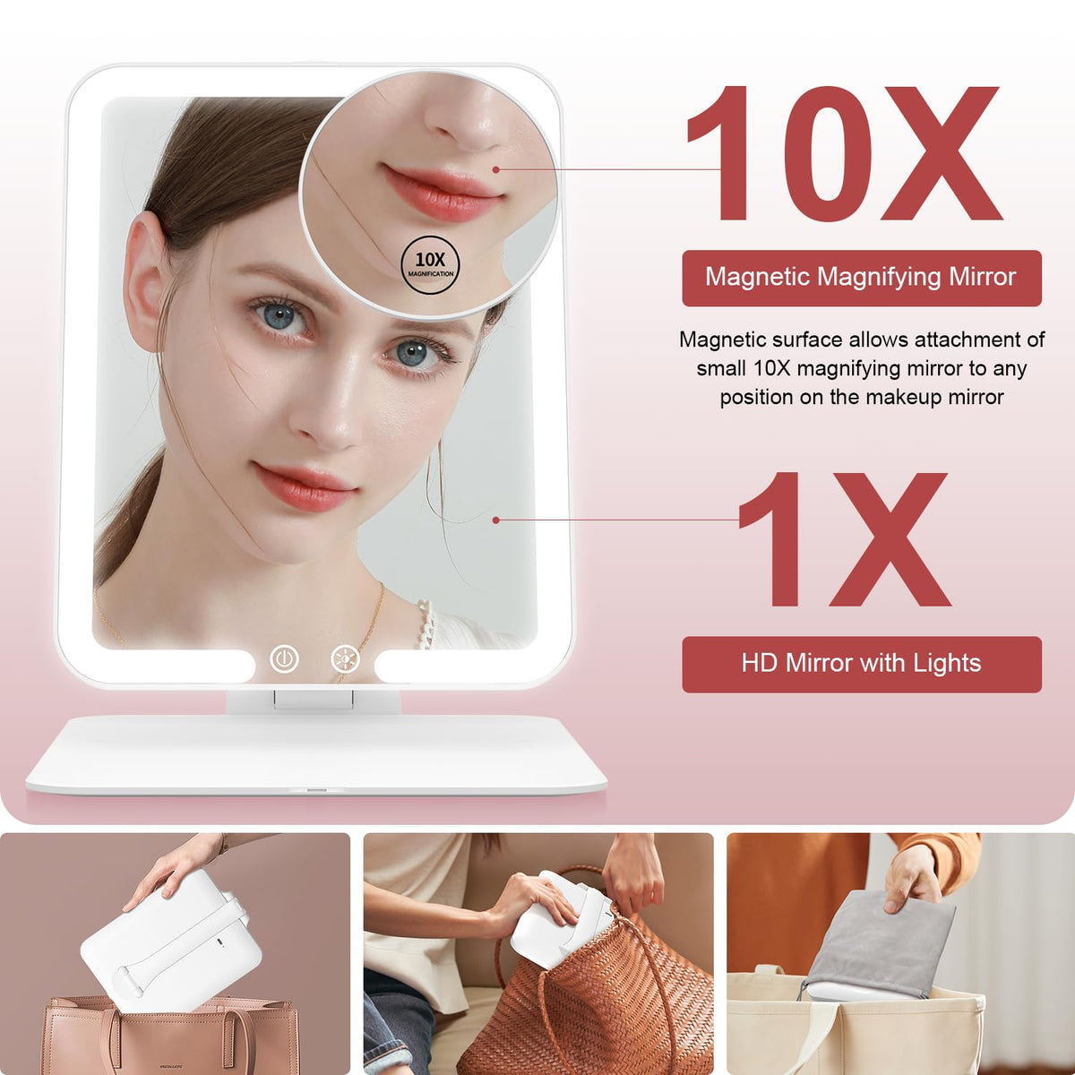Gospire Travel Makeup Mirror displaying warm light mode