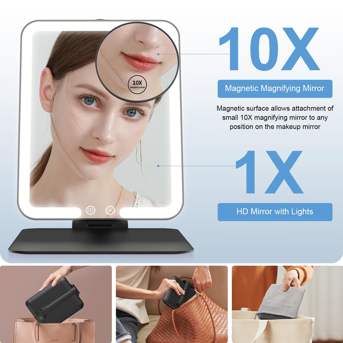 Gospire Travel Makeup Mirror showing three light modes