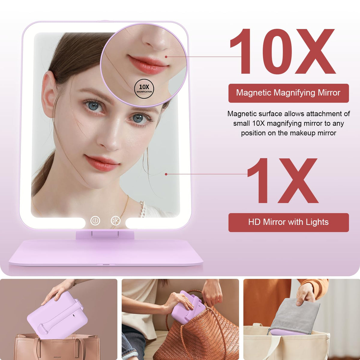 Gospire Travel Makeup Mirror showing three light modes