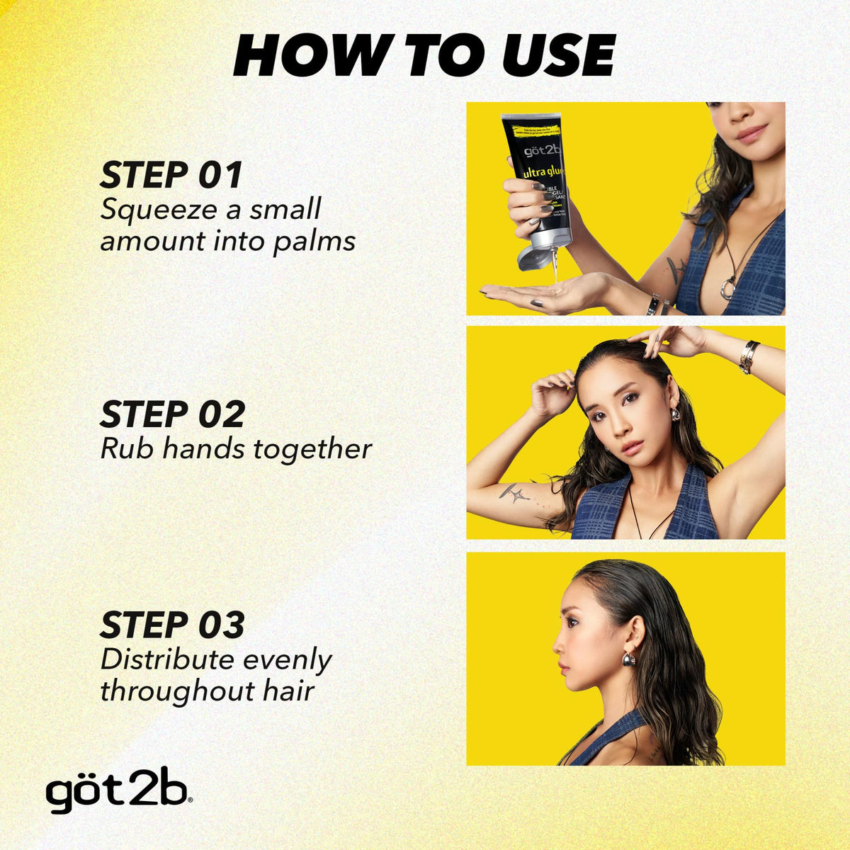 Got2B Ultra Glued gel applied for slicked back look